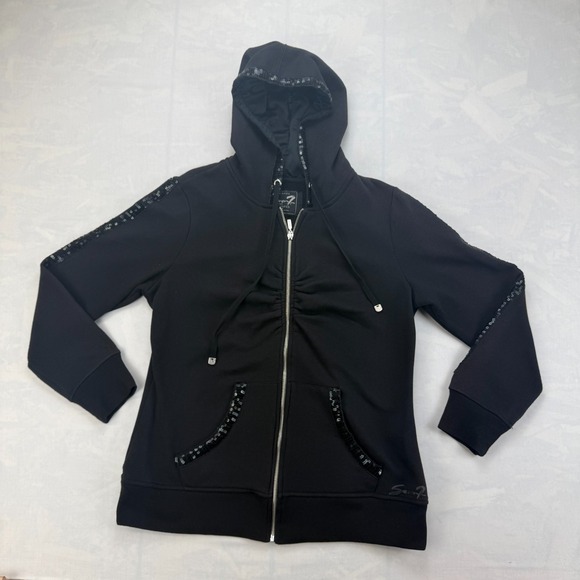 Seven7 Tops - Seven7 Hoodie Womens 14/16 Black Sequin Detail Ruched Front Long Sleeve Full Zip
